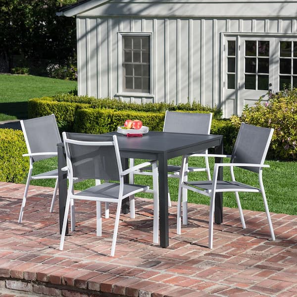 Hanover Naples 5-Piece Aluminum Outdoor Dining Set with 4-Sling Arm Chairs and a 38 in. Square Dining Table