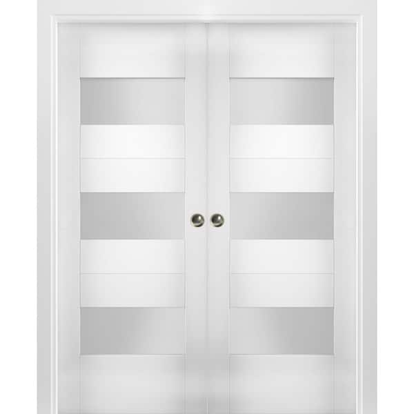 VDOMDOORS 36 in. x 96 in. Single Panel White Solid MDF Double Sliding Doors with Double Pocket Hardware
