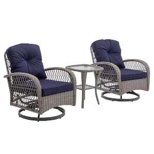 3 Piece PE Rattan Wicker Indoor & Outdoor Bistro Set Patio Furniture with Swivel Armchair and Table, Navy Blue Cushion