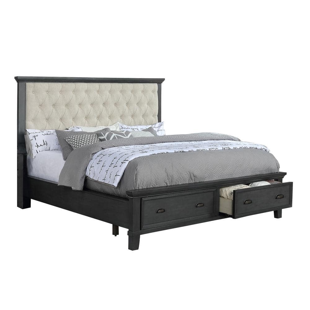 Espresso Queen Platform Bed with Beige Tufted Headboard and Storage