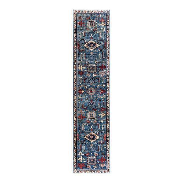 Serapi Light Blue 3 ft. x 12 ft. Tribal Wool Indoor Area Rug