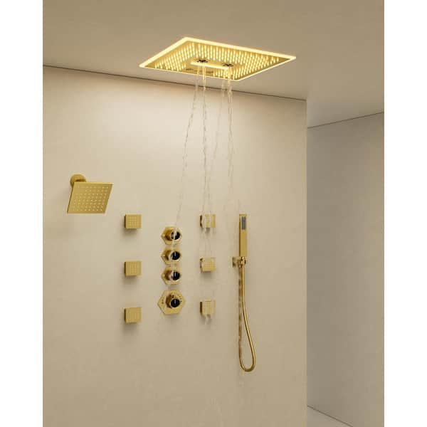 CRANACH 6-Spray 16 in. and 6 in. LED Music Ceiling Mount Dual Shower Head Fixed and Handheld Shower 2.5 GPM in Brushed Gold
