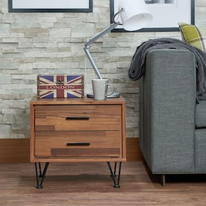 20 in. Walnut Wood Side Table End Table with Drawer and Metal Legs, Bedroom Night Stand Storage Table For Living Room
