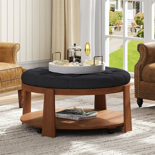 Harper & Bright Designs 36 in. Black and Brown Round Button Tufted Ottoman Foam Coffee Table with Wood Shelf, Footrest with Wheels