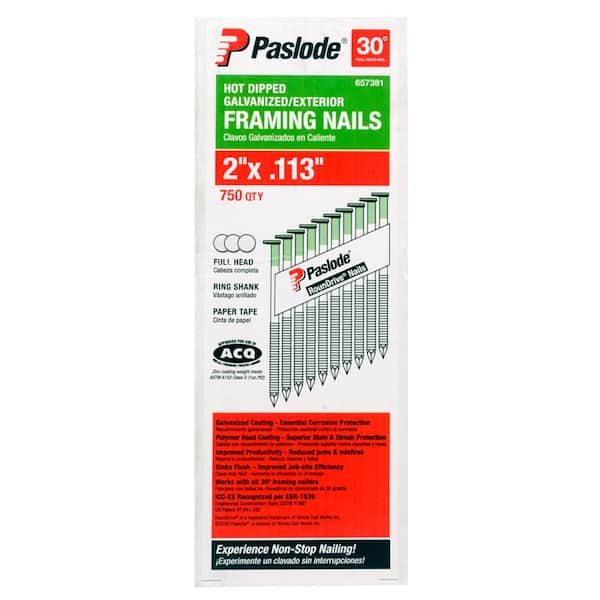 Paslode 2 in. x 0.113-Gauge 30-Degree Galvanized Ring Shank Paper Tape  Framing Nails (2,000 per Box) 650381 - The Home Depot