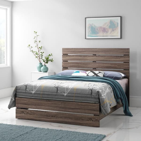 Eastern Brown Wood Frame King Size Panel Bed with Headboard