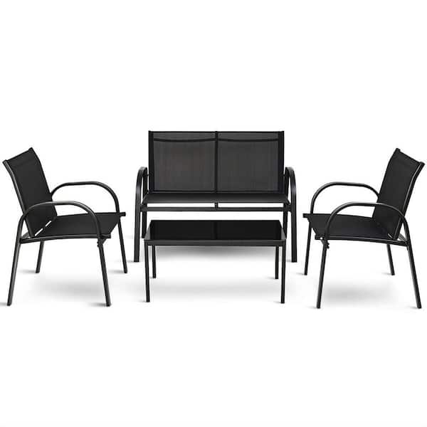 SUNRINX 4-Piece Metal Frame Patio Conversation Furniture Set in Black