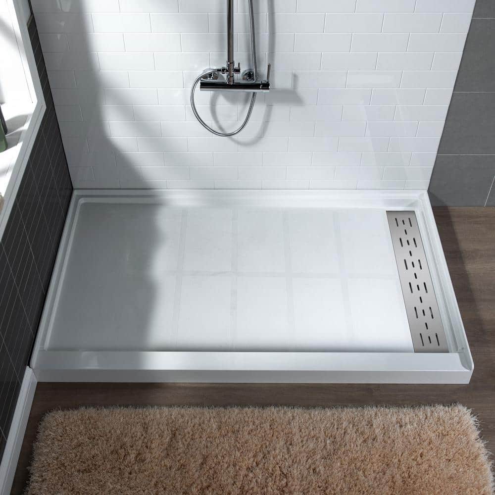 Krasik 60 in. L x 32 in. W Alcove Solid Surface Shower Pan Base with Right Drain in White with Brushed Nickel Cover price history on PriceWatchPro