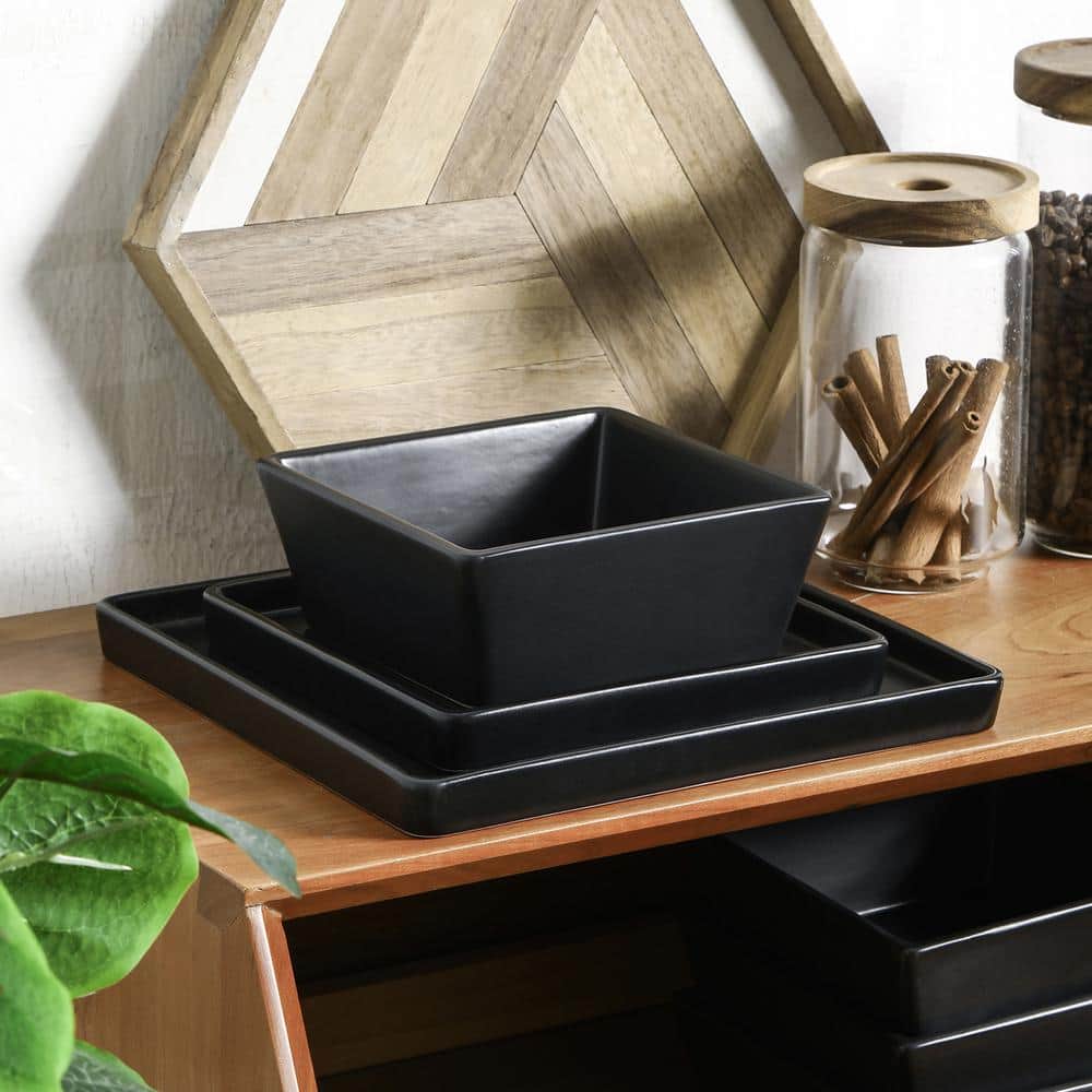 Black Matte Square Ceramic Salad Plates, Service for 8