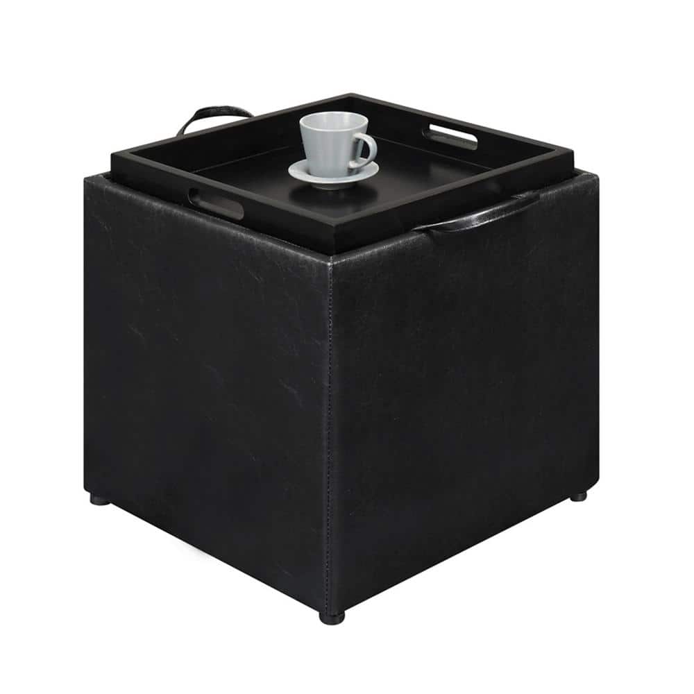 Black Faux Leather Ottoman with Reversible Tray and Storage