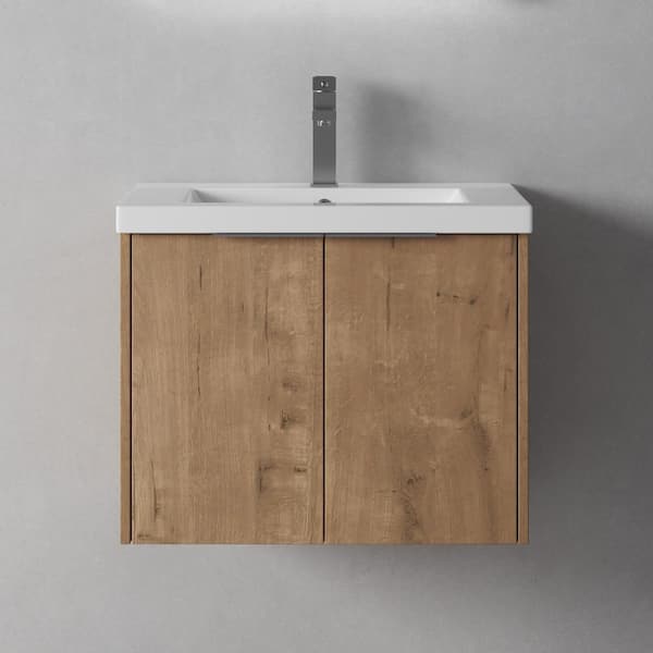 MYCASS Sugur 24 in. W x 18. in D. x 20 in. H Wall Mount Bath Vanity Cabinet with Sink in Oak with White Resin Sink and Top
