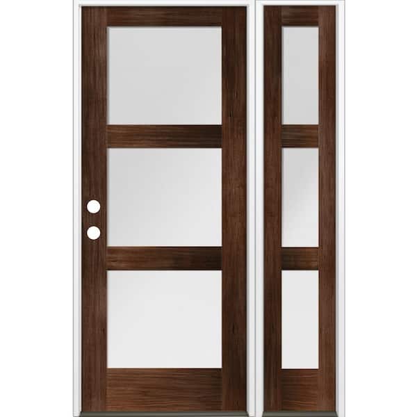 Krosswood Doors 50 in. x 80 in. Modern Hemlock 3-Lite Right-Hand/Inswing Frosted Glass Red Mahogany Stain Wood Prehung Front Door