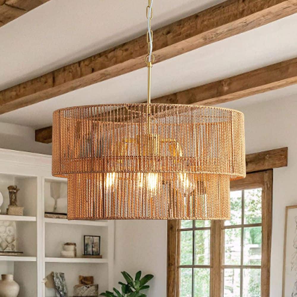 Vinca 5-Light Rattan Gold 2 Tier Boho Drum Hand Woven Chandelier for Living Room with No Bulbs Included price history on PriceWatchPro