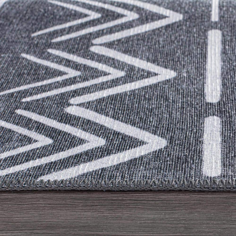 Dark Gray Geometric Flat Woven Machine Washable Area Rug