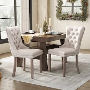 High-end Tufted Solid Wood Contemporary Velvet Upholstered Dining Chair with Wood Legs Nailhead Trim 2-Pcs Set - Beige