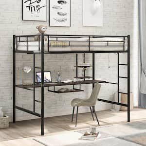 Black Full Size Metal Loft Bed with Built-in Wood Desk, Shelves