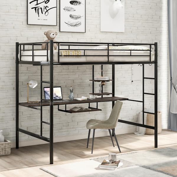 Harper & Bright Designs Black Full Size Metal Loft Bed with Built-in ...