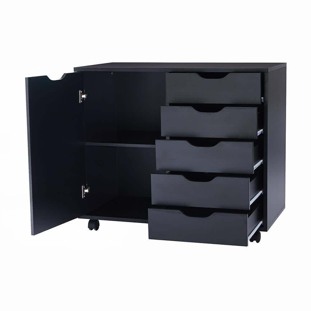 Black 5-Drawer Black Wood 30.7 in. W Storage Dresser Vertical Cabinet with Shelves, Wheels, Makeup-Drawer File Cabinet