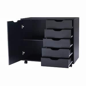 Black 5-Drawer Black Wood 30.7 in. W Storage Dresser Vertical Cabinet with Shelves, Wheels, Makeup-Drawer File Cabinet