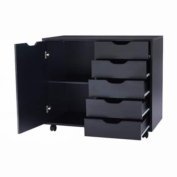 HOMESTOCK Black 5-Drawer Black Wood 30.7 in. W Storage Dresser Vertical Cabinet with Shelves, Wheels, Makeup-Drawer File Cabinet