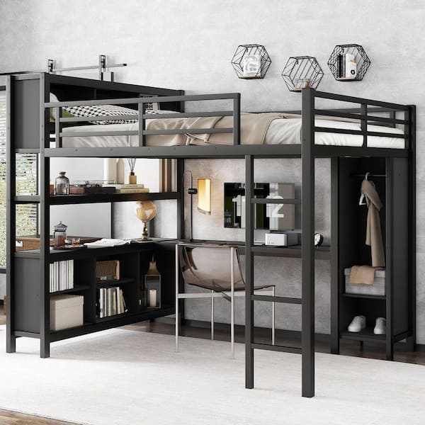 Black Queen Size Loft Bed with Wardrobe and L-shaped Desk