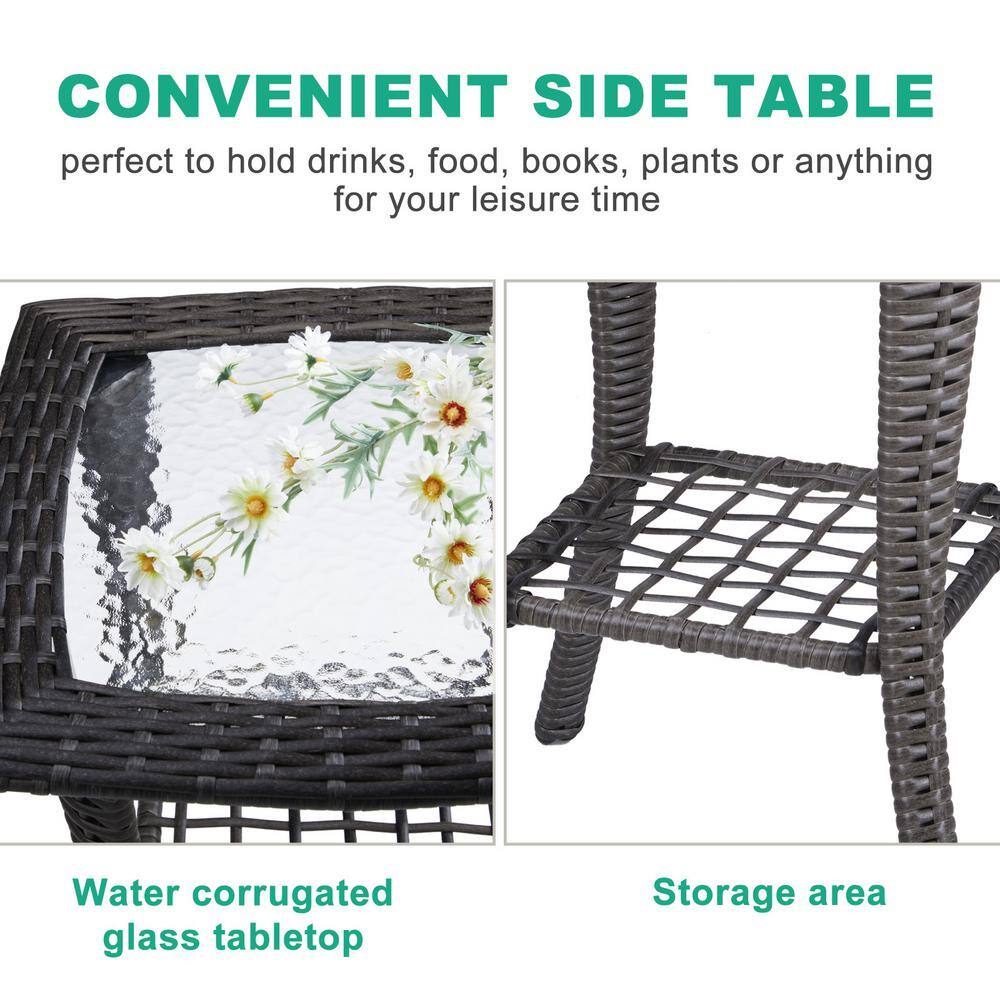 Gray Wicker Outdoor End Table with Glass Top and Storage Shelf