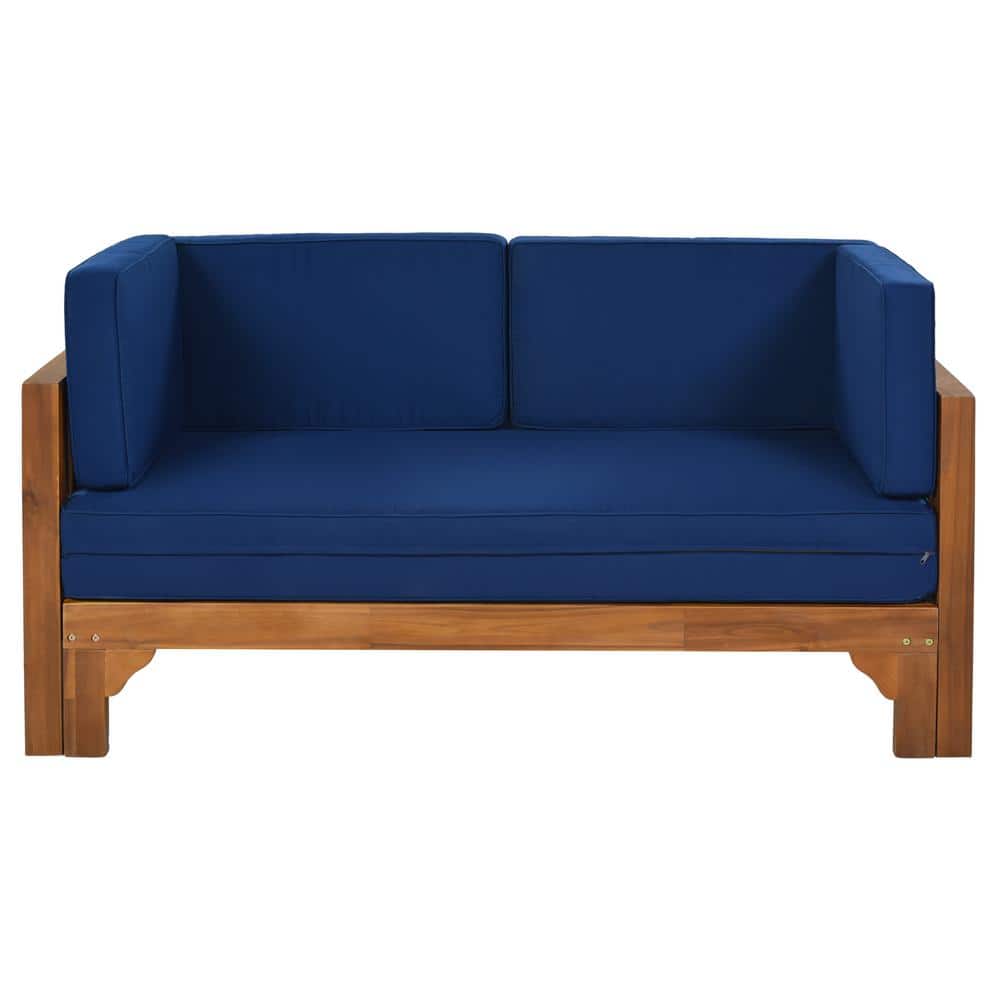 Patio Extendable Sofa Set of 1-Piece Wood Outdoor Sectional with Thick Blue