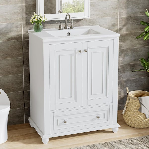 24 in. Single Sink Freestanding White Bath Vanity with White Ceramic Top Unassembled