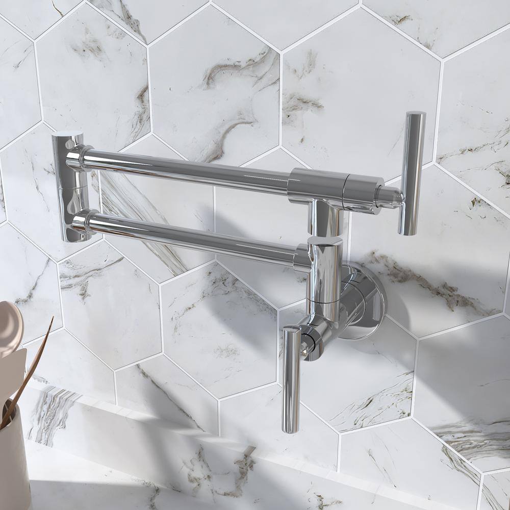 Polished Chrome Wall-Mounted Pot Filler Faucet with Double Joint Swing Arm