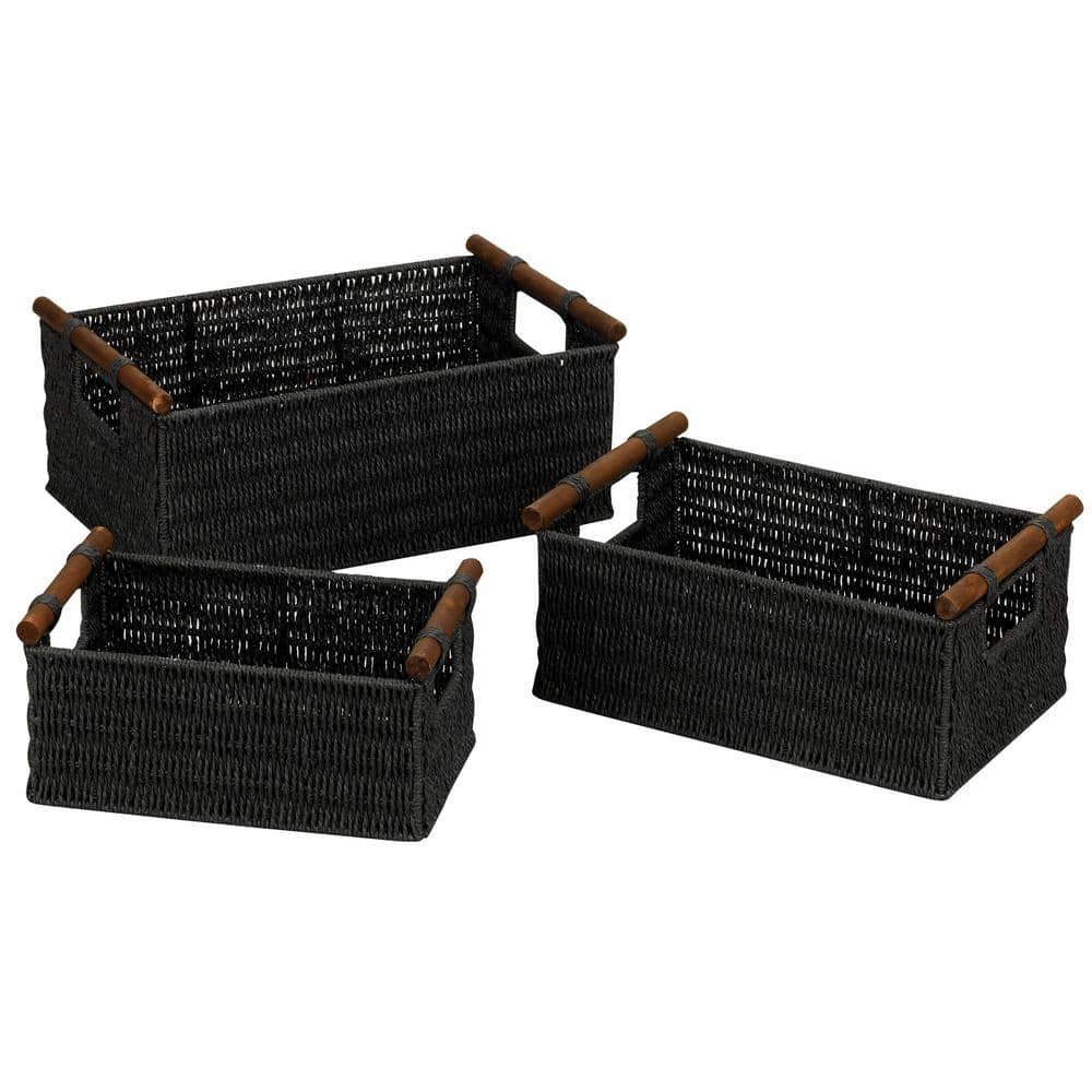 Black Handwoven Paper Rope Storage Baskets with Wood Handles, Set of 3