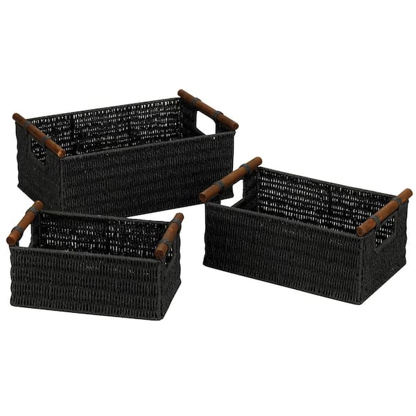 HOUSEHOLD ESSENTIALS Black Stained Paper Rope Basket with Wooden Handle (Set of 3)
