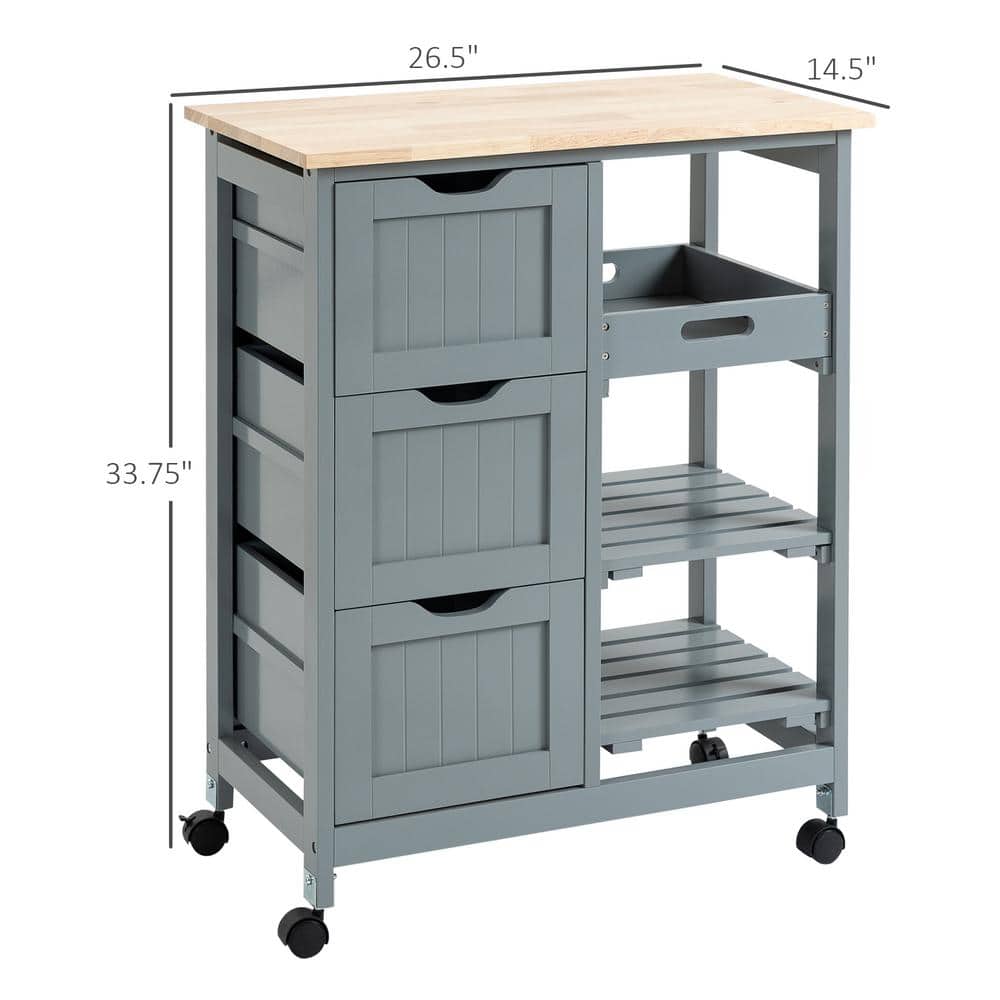 Gray Wood Kitchen Cart with Butcher Block Top and Storage