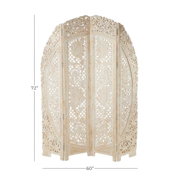 6 ft. White 4 Panel Floral Handmade Foldable Arched Partition Room Divider Screen with Intricately Carved Designs