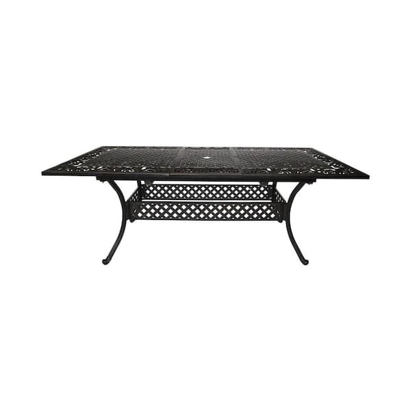 Oyezvary Expandable Rectangular Rust-Resistant Cast Aluminum Outdoor Dining Table with Umbrella Hole and Curving Legs in Brown
