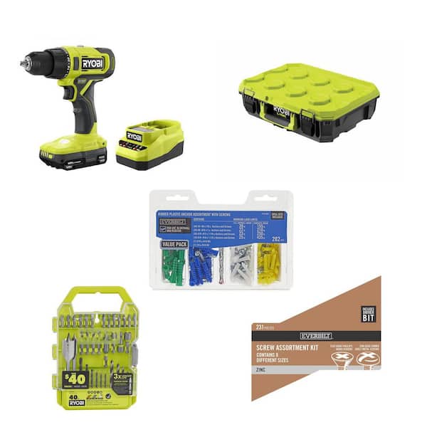 ONE 18V Cordless 1/2 in. Drill Driver Kit, 40-Piece Drive Kit, LINK Tool Box, Screws and Anchors Set (473-Piece)