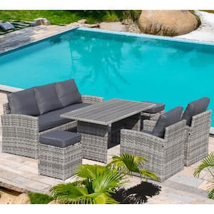 6-Piece Gray PE Wicker Rattan Outdoor Patio Sectional Set with 3-Seater Sofa, Armchairs, Table, Ottomans, Gray Cushions