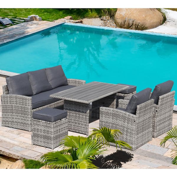 Afoxsos 6-Piece Gray PE Wicker Rattan Outdoor Patio Sectional Set with 3-Seater Sofa, Armchairs, Table, Ottomans, Gray Cushions