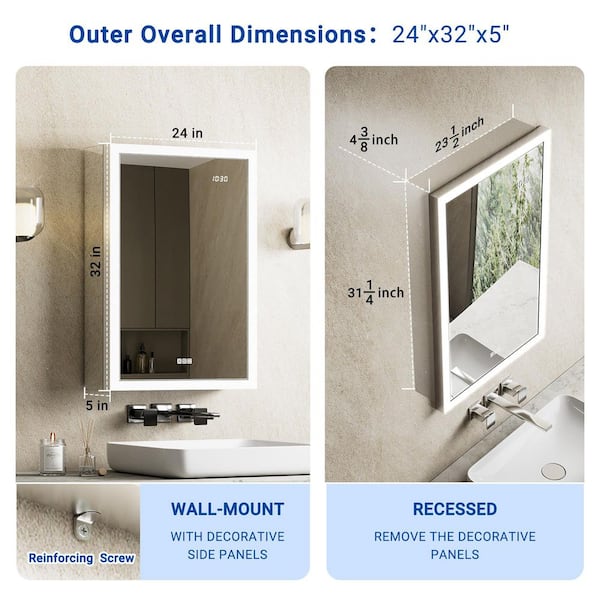 Elega 24 in. W x 32 in. H Right Rectangular Aluminum Recessed/Wall Mount Fogless Lighted Medicine Cabinet with Mirror