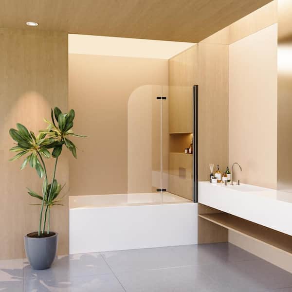 34 in. W x 58 in. H Folding Pivot Frameless Bathtub Door in Matte Black with 1/4 in. (6mm) Thick Tempered Glass