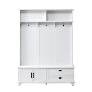 Modern White Hall Tree with Storage Cabinet, Shelves and Drawers Mudroom Entryway Coat Rack with Storage Bench and Hooks