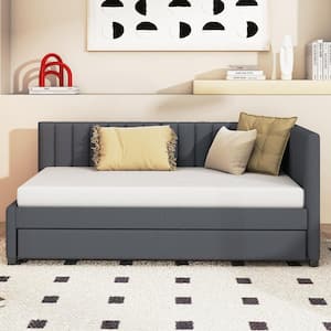 Gray Wood Twin Size Linen Upholstered Daybed, Sofa Bed with Channel-Tufted Backrest and Twin Size Trundle