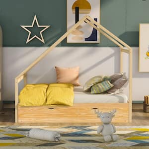 Natural Full Size House Bed with Trundle, Wood Platform Bed Frame with Roof for Kids Boys Girls, No Box Spring Needed