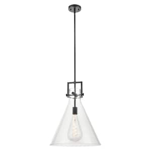 Newton Cone 100-Watt 1-Light Matte Black Shaded Mini Pendant Light with Clear Glass Shade