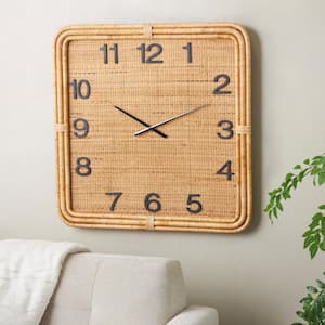 Brown Wood Handmade Woven Wall Clock with Rattan Wrapped Frame