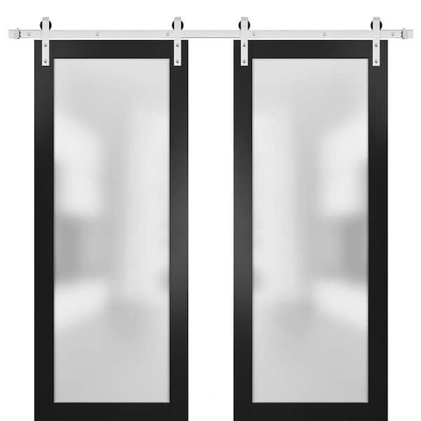 Sartodoors 24 in. x 80 in. 2 Panel Frosted Glass Black Matte Solid Wood Sliding Barn Door with Hardware Kit
