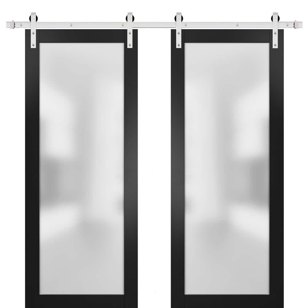 Assemble Required 32 in. x 80 in. 2-Panel Frosted Glass Black Matte Solid Wood Sliding Barn Door with Hardware Kit price history on PriceWatchPro