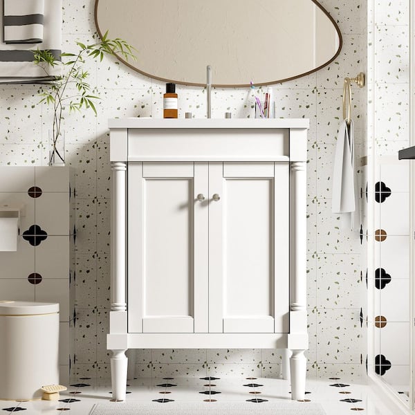 24 in. Single Sink White Bath Vanity with White Ceramic Top 2-Tier Bathroom Storage Cabinet Unassembled