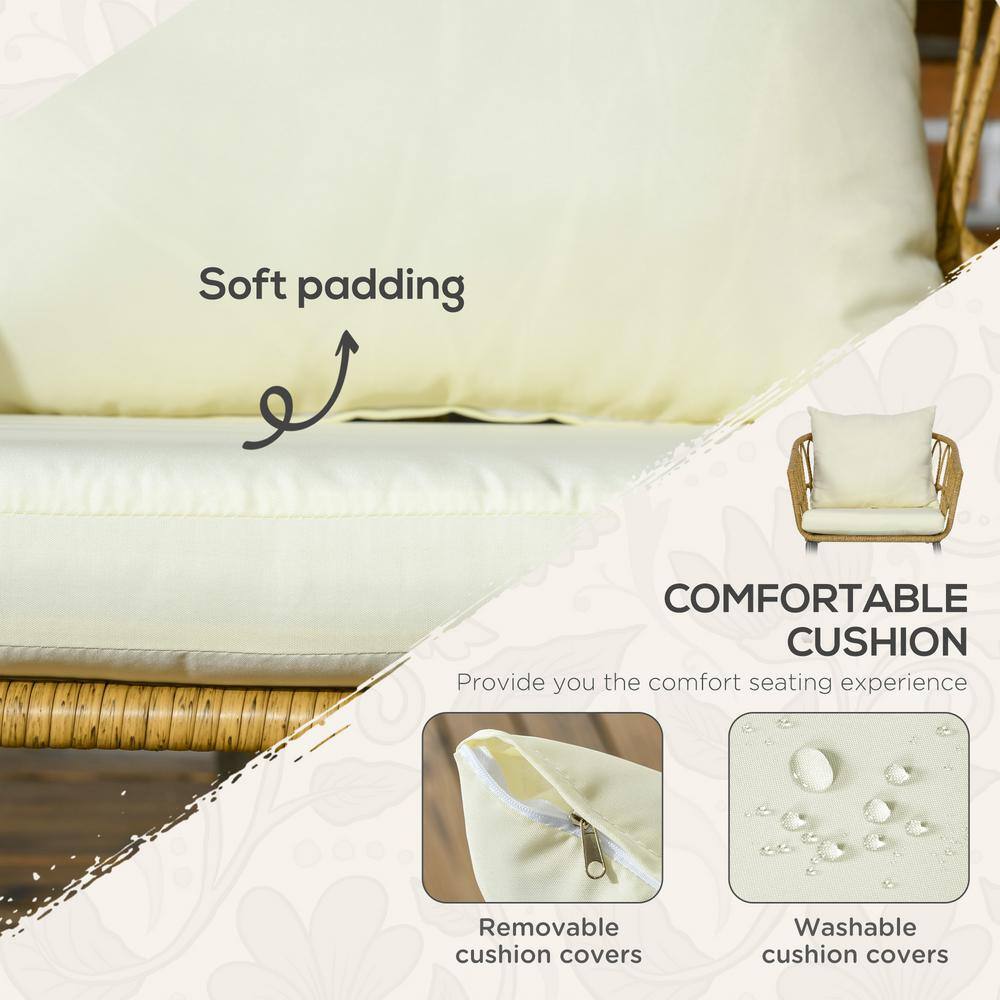 Cream White Cushioned Wicker Rocking Chair Patio Set with Glass Table