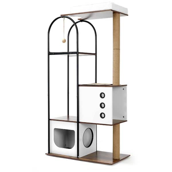 Tatayosi Perch Cat Climbing Frame, Multi-Level Cat Condo with 1 Caves and 2 Scratching Posts for Indoor Cats, White, Vintage
