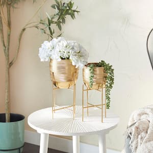 12 in., and 9 in. Medium Gold Metal Planter with Removable Stand (2- Pack)
